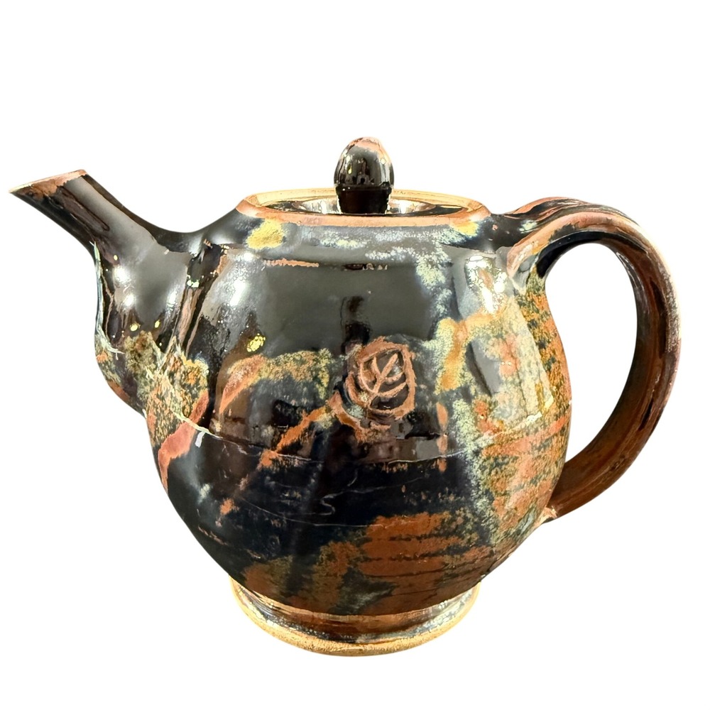 Beautiful Hand Thrown Studio Pottery Teapot Brown Rust Drip Glaze Artist Stamped